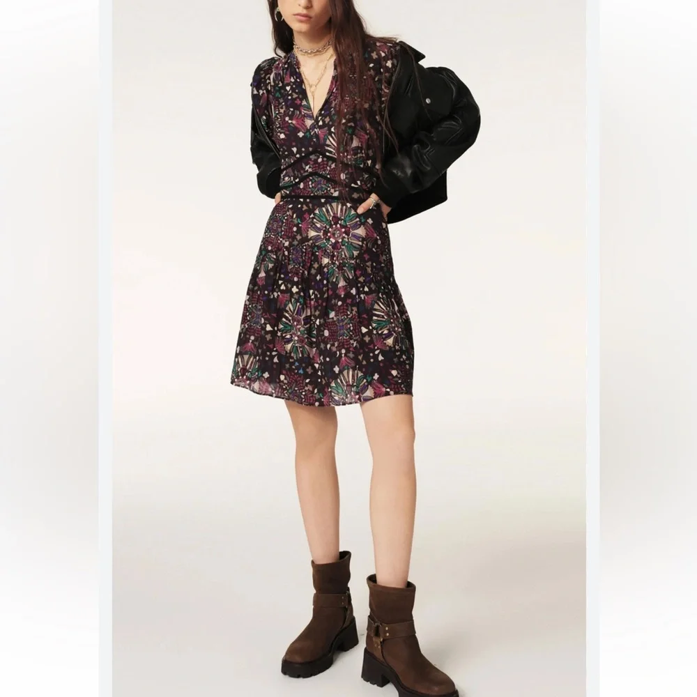 BA&SH Robe Fidji Printed Minidress NWT V neck Short Sleeves Side zip multicolor
